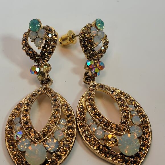Vintage Gold Tone Teardrop Earrings with Rhinestones & Opalescent Stones - Picture 1 of 10